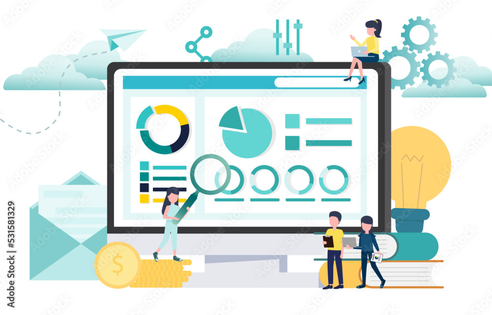 Business ideas and teamwork. Online abstract marketing analytics with report dashboards provide high resolution data, strategy, tactics and success. Vector illustration Eps 10.