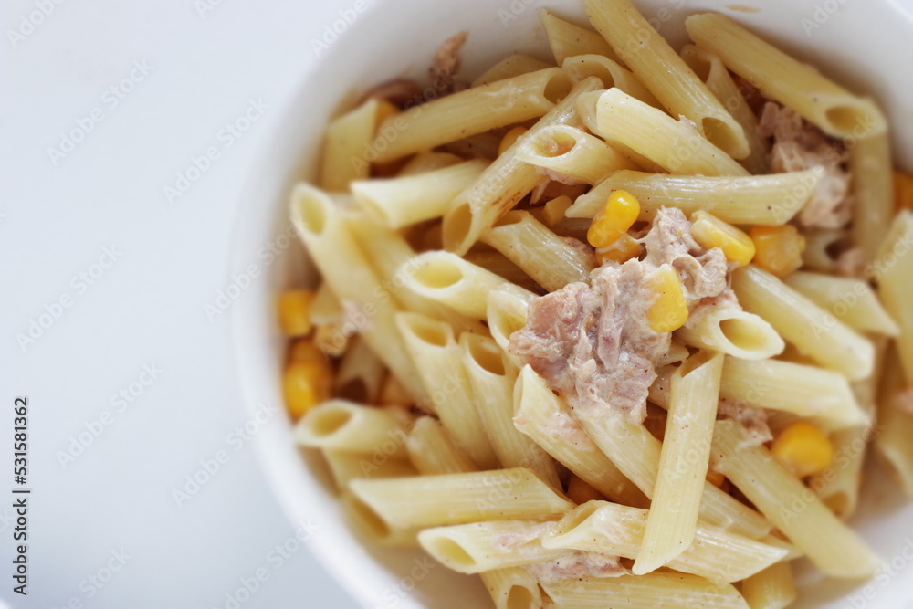 Homemade penne short pasta and tuna with sweet corn salad Homemade penne short pasta and tuna with sweet corn salad