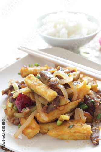 Chinese food, sweet potato and beef stir fried for winter vegetable comfort food