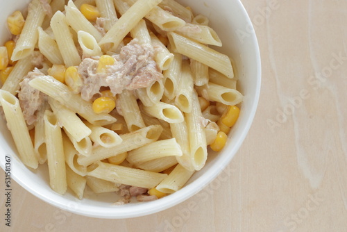 Homemade penne short pasta and tuna with sweet corn salad