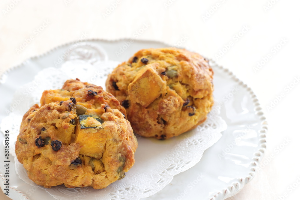 Homemade pumpkin scone for autumn breakfast food image Homemade pumpkin scone for autumn breakfast food image