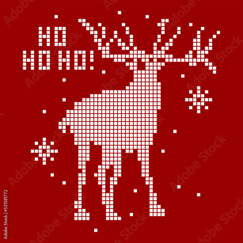 Scream deer "ho ho ho" in pixel art style. Funny t-shirt print. Christmas and New Year design. Vector illustration.