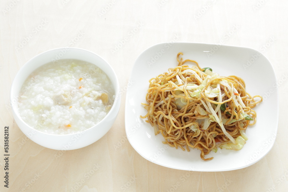 Homemade Chicken congee and soy sprout fried noodles