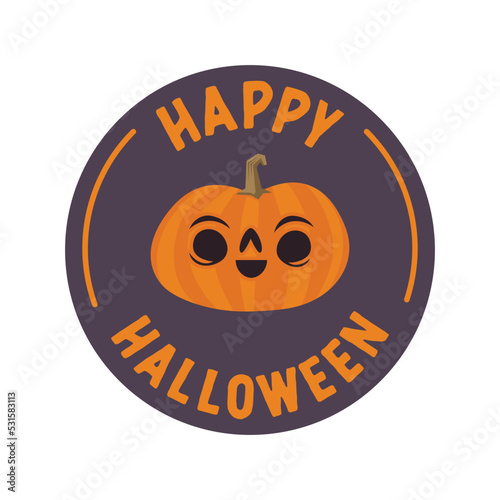 Happy halloween badge with carved pumpkin cartoon illustration. Cute spooky design.