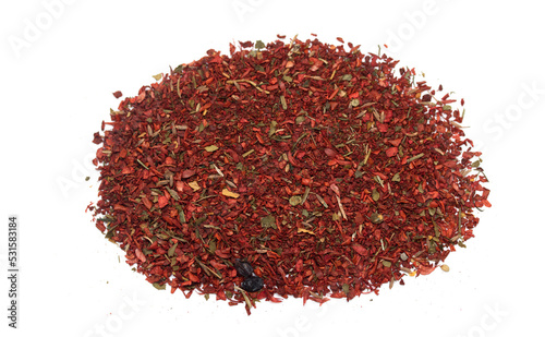 Spices dried paprika spicy herbs on a white background.