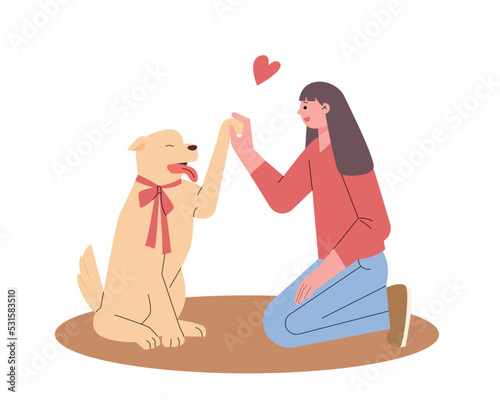 A girl and a dog are giving a high five. flat design style vector illustration.