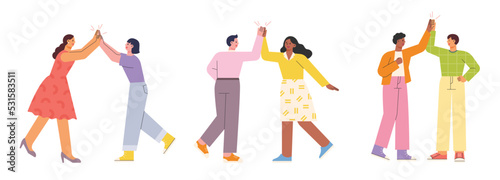 Two friends meet and high-five flat design style vector illustration.