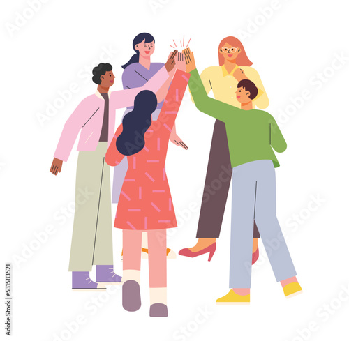 Various people gather and high-five. flat design style vector illustration.