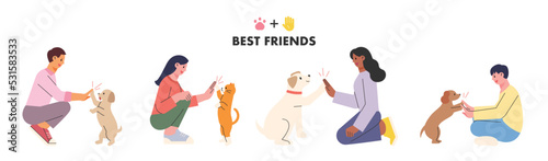 Cute dogs and cats and people high five. flat design style vector illustration.