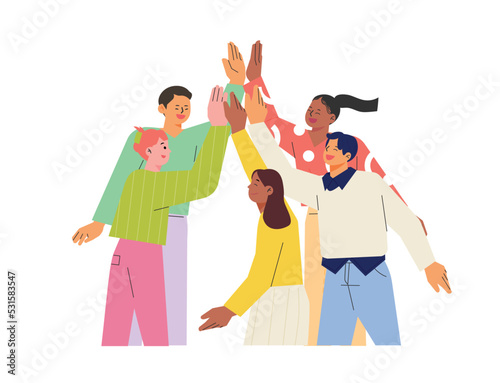 Various friends are gathering and high-five. flat design style vector illustration.
