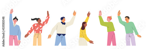 People raise their hands and say hello. flat design style vector illustration.