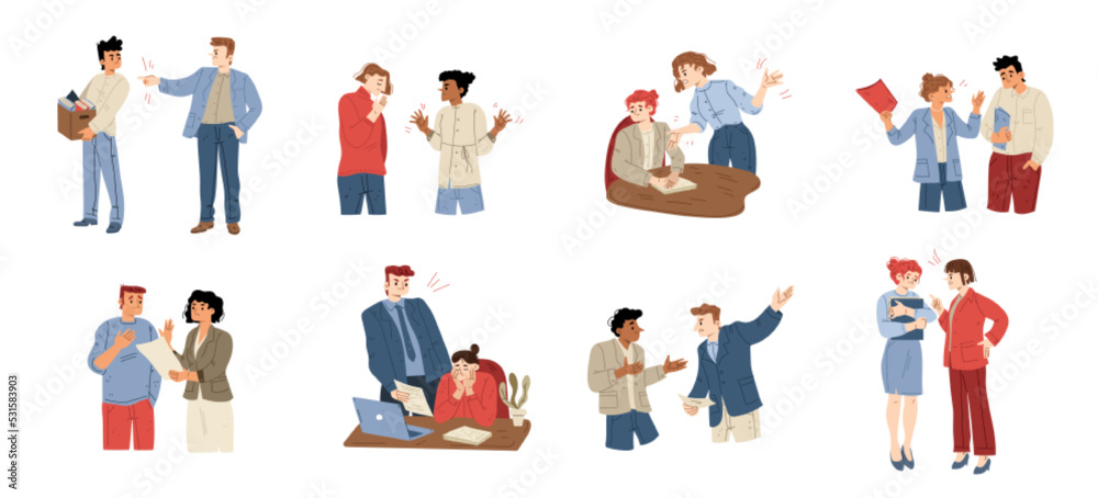 Angry boss yelling at employee, flat vector illustration set. Rude male and female characters shouting, criticizing, firing upset office workers for mistake, bad work. Stressful job and disrespect Angry boss yelling at employee, flat vector illustration set. Rude male and female characters shouting, criticizing, firing upset office workers for mistake, bad work. Stressful job and disrespect