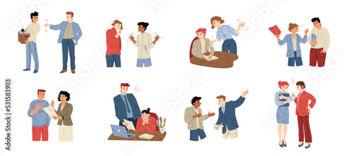 Angry boss yelling at employee, flat vector illustration set. Rude male and female characters shouting, criticizing, firing upset office workers for mistake, bad work. Stressful job and disrespect photo