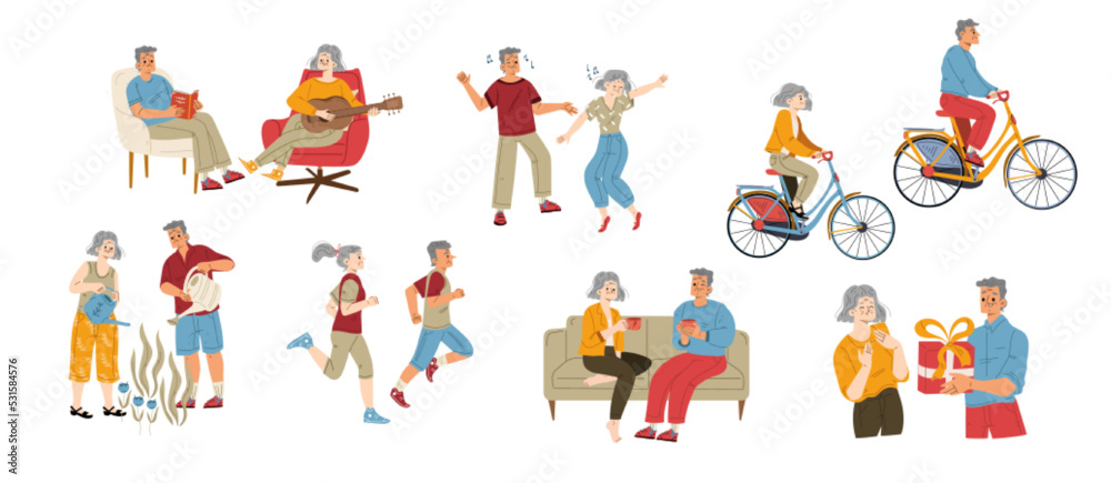 Fototapeta premium Happy active senior couple vector illustration set. Flat elderly male and female characters enjoying retirement hobby, dancing, gardening, cycling, jogging, dating, celebrating holiday together