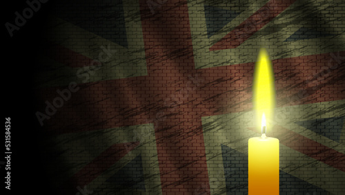 Vector mournful burning wax candle on the background of a dark wavy flag of Great Britain with a brick wall structure