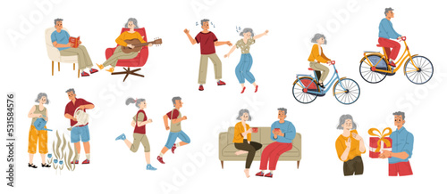 Happy active senior couple vector illustration set. Flat elderly male and female characters enjoying retirement hobby, dancing, gardening, cycling, jogging, dating, celebrating holiday together
