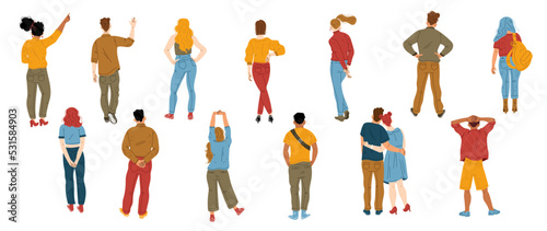 Back view of standing diverse people. Men and women characters in casual style clothes from behind. Adult persons in different poses, couple hug, girl pointing hand up, vector flat illustration
