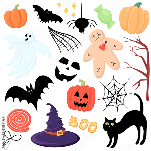 Halloween. Pumpkin, black cat, bat, ghost, spider, web. Set of isolated illustrations.