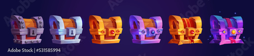 Game icons of wooden treasure chests, closed ancient metal, silver gold and platinum trunks with lock, gems and red ribbon isolated on white background, vector cartoon set