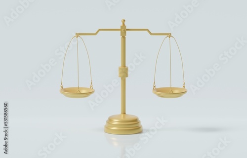 Golden justice scale on pale color background, concept of justice and fairness, 3d render illustration.