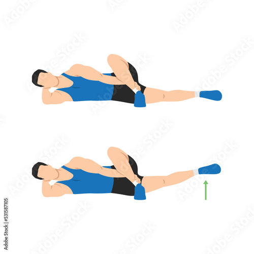 Man doing Lying Crossover Leg Lift Exercise in 2 steps. Illustration about workout diagram for muscles stretch, leg, thing, hip. Flat vector illustration isolated on white background