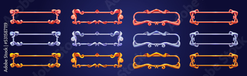 Empty bronze, silver and gold frames in vintage medieval style for game ui design. Ancient fantasy golden, copper and metal borders with swirls isolated on background, vector cartoon set