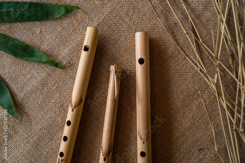 Fotografie, Obraz Details of the bamboo flute craft that uses used bamboo furniture, the productio