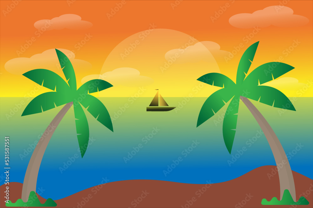 beach view in the afternoon with beautiful colors, with coconut trees and boats sailing in the middle