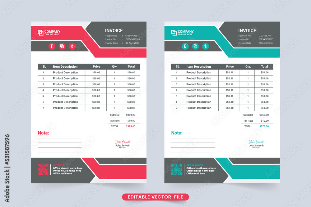 Company invoice and payment agreement paper design with red and blue colors. Product buy and sell receipt with cash invoice and price sections. Professional business invoice template vector.