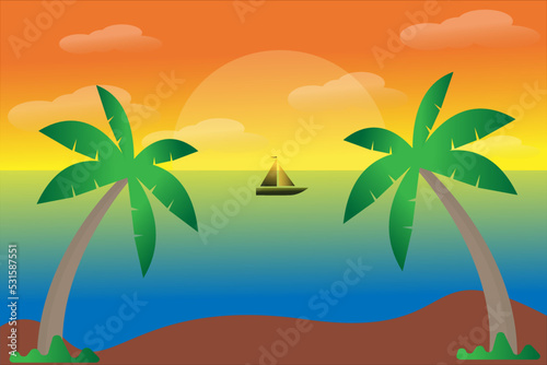 beach view in the afternoon with beautiful colors  with coconut trees and boats sailing in the middle
