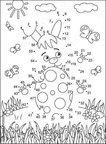 Easter bunny and painted egg dot-to-dot picture puzzle and coloring page. Full-page, black and white, activity for kids.
