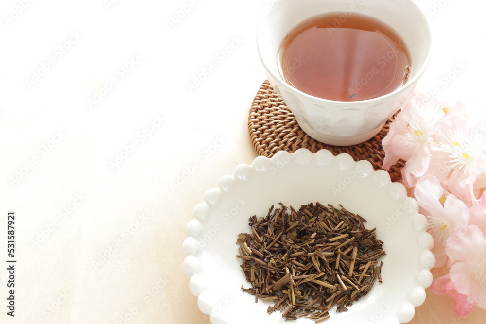 Japanese tea, Hōjicha, the green tea roasted in a porcelain pot over charcoal Japanese tea, Hōjicha, the green tea roasted in a porcelain pot over charcoal