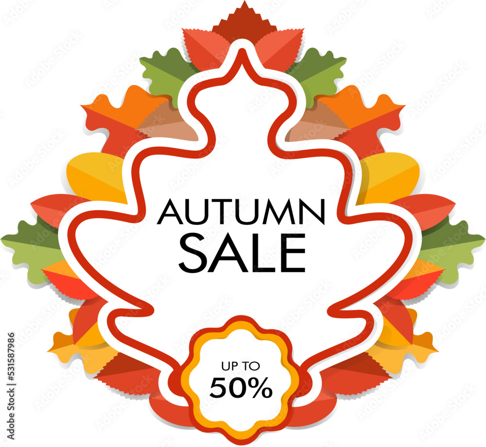 Autumn Sale. Autumn leaves decoration for information discount up to 50%. Vector Illustration