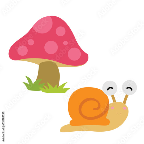 Cute Snail Insects Animal and Mushrooms Plants Illustration Vector Clipart