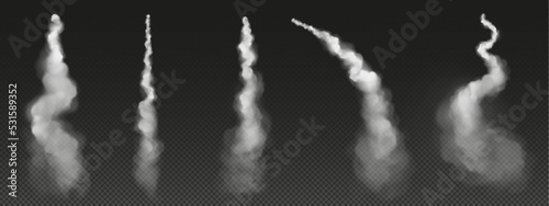 Rocket trail, airplane smoke, plane or air jet clouds, white contrail lines. Vapor effect in sky, spray straight and curve tracks isolated elements on transparent background, Realistic 3d vector set