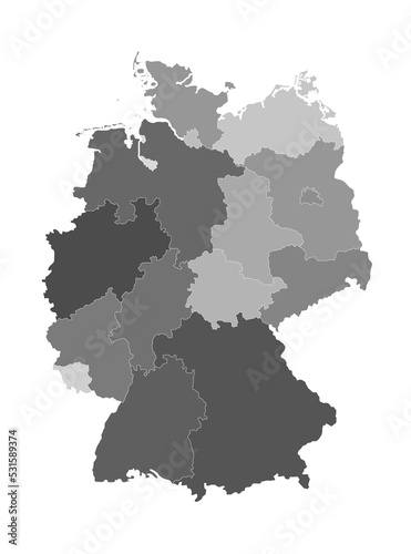 Map of Germany with each state of separate layout. Vector illustration of population in shadows of gray.