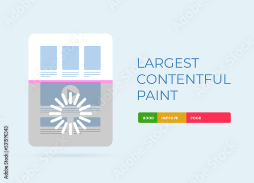 Largest Contentful Paint concept. LCP user-centric web vitals SEO metrics illustration. Vector illustration with website, numerical values for measuring the speed of loading and rendering main content