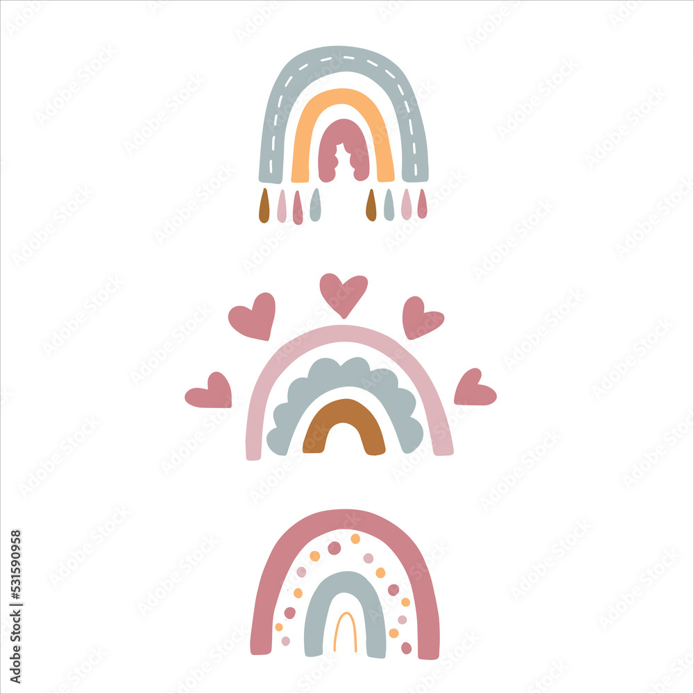 Hand Drawn Rainbows. Cute Set in Pastel Colors. Vector Isolated Elements. Scandinavian Style. Neutral Nursery Art Design for Room Decoration, Printing on Textiles or Wall Decal. Hand Drawn Rainbows. Cute Set in Pastel Colors. Vector Isolated Elements. Scandinavian Style. Neutral Nursery Art Design for Room Decoration, Printing on Textiles or Wall Decal.