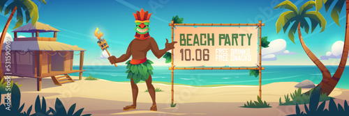 Beach party announcement with Tiki man in mask holding torch on Hawaii or tropical island with hut on sandy shore, aboriginal character with toothy face invite for fun, Cartoon vector illustration