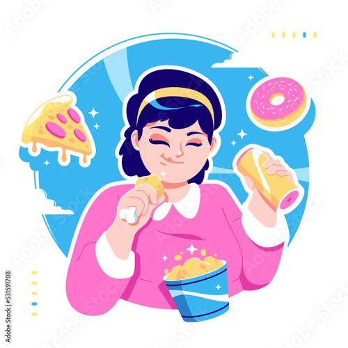 fat girl and junk food concept illustration