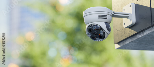 Obraz na płótnie CCTV camera installed on wall of the building or office. Scan the area for surveillance purposes. Can be used background in security work. 3D Render w salonie
