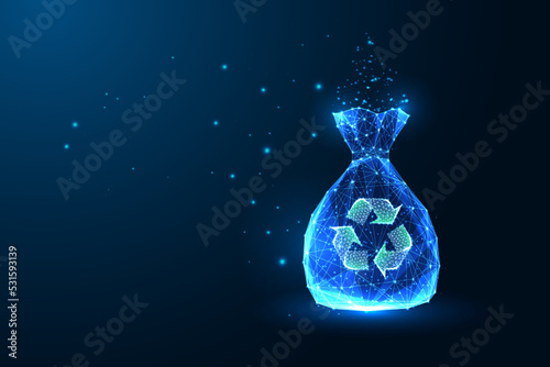 Concept of waste recycling, composting with trash bag and recycling sign on dark blue background