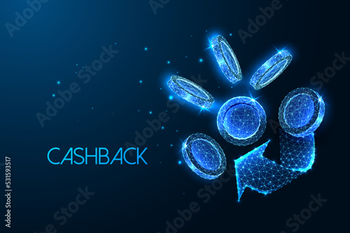 Concept of cashback, financial services with coins and arrow symbols in futuristic glowing style 