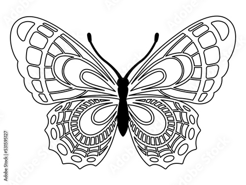 Vector coloring book page. Silhouette of elegant butterfly in mandala style isolated on white background