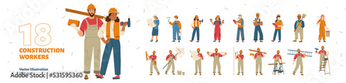 Construction workers set, repair service employees, builders, repairmen and renovation foremen. Male and female characters in uniform with professional tools Isolated line art flat vector illustration