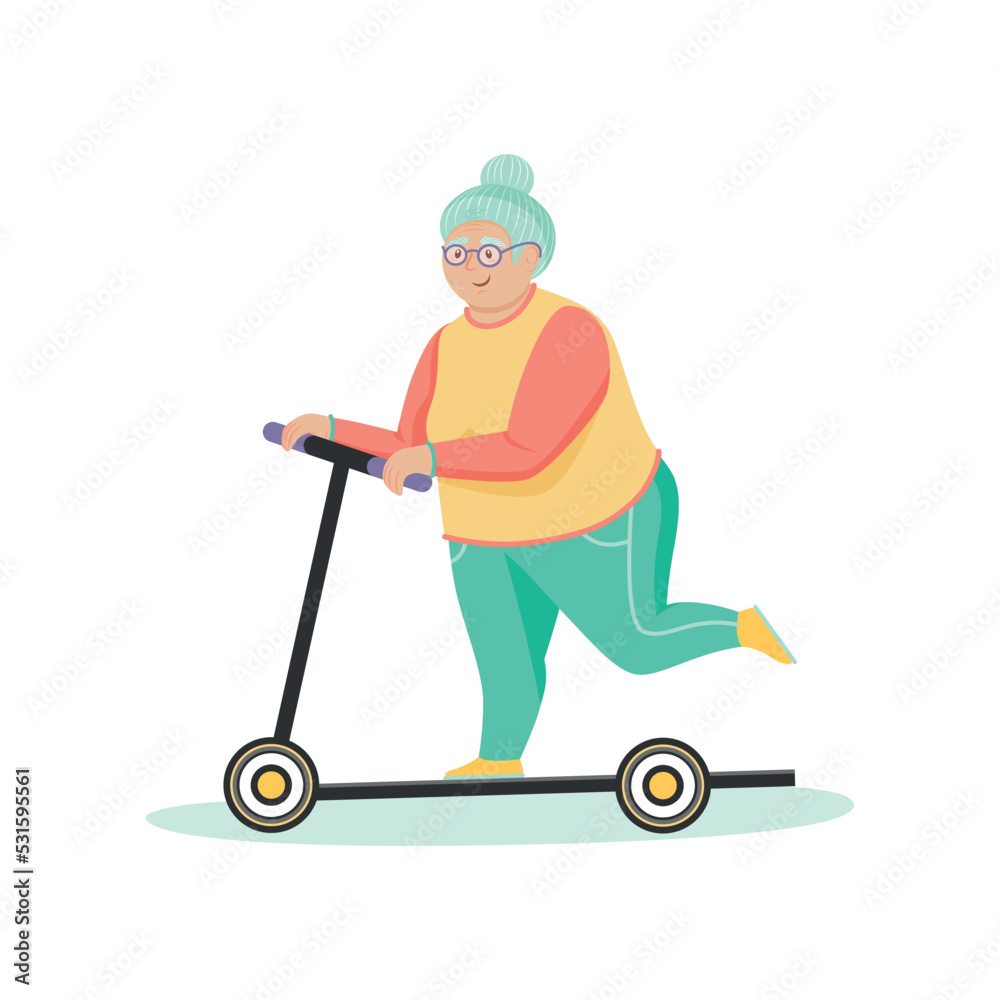 Positive active old age woman on electro gyro scooter. Positive aged elderly Person fun activity. Elderly protection. Using eco street transport. Positive active old age woman on electro gyro scooter. Positive aged elderly Person fun activity. Elderly protection. Using eco street transport.