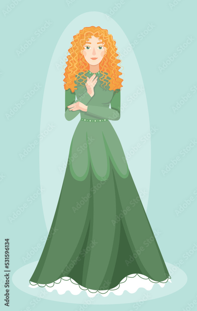 A beautiful red-haired girl looks into the distance. Modest princess in a green dress. Vector illustration.
A beautiful red-haired girl looks into the distance. Modest princess in a green dress. Vector illustration.