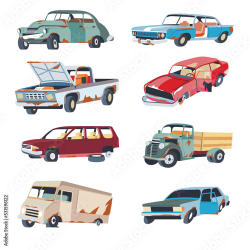 Old abandoned automobiles vehicles and cars vector