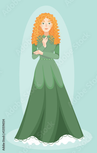 A beautiful red-haired girl looks into the distance. Modest princess in a green dress. Vector illustration.

