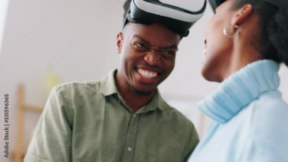 VR gaming, future virtual reality and couple high five from 3d world success in a home. Fun metaverse experience of people in a fantasy game simulation using digital futuristic technology in a house